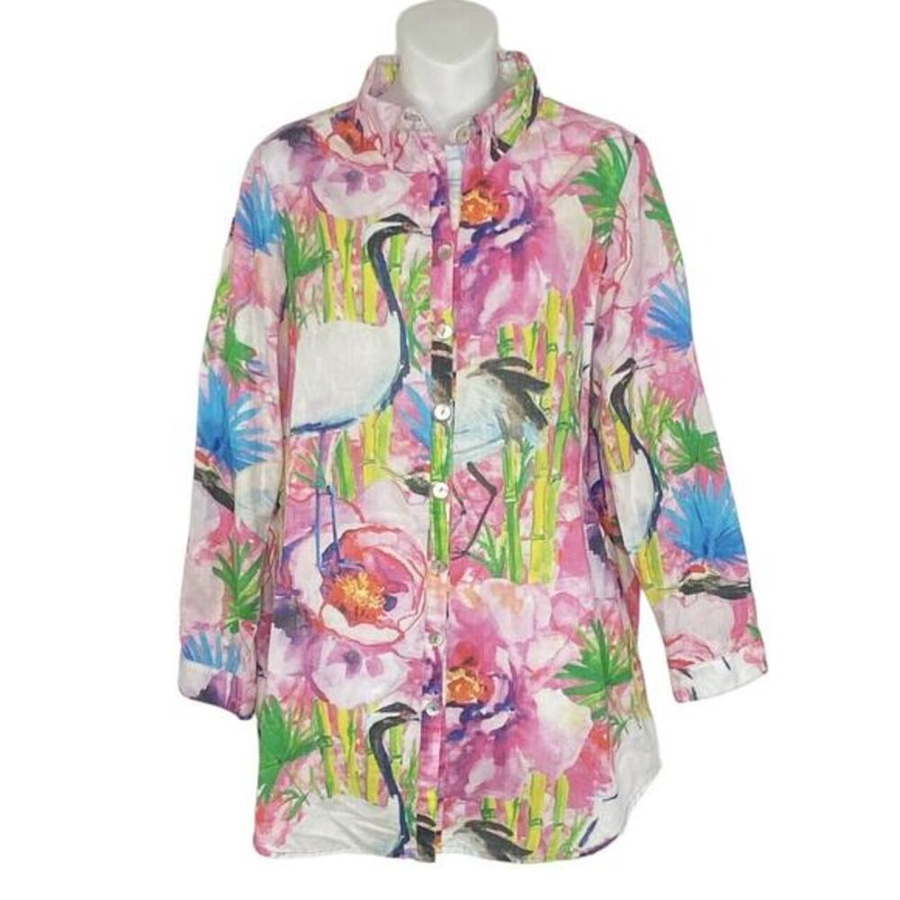 Soft Surroundings Shirt Womens Medium Botanica Tropical Crane‎ Tabbed Sleeve